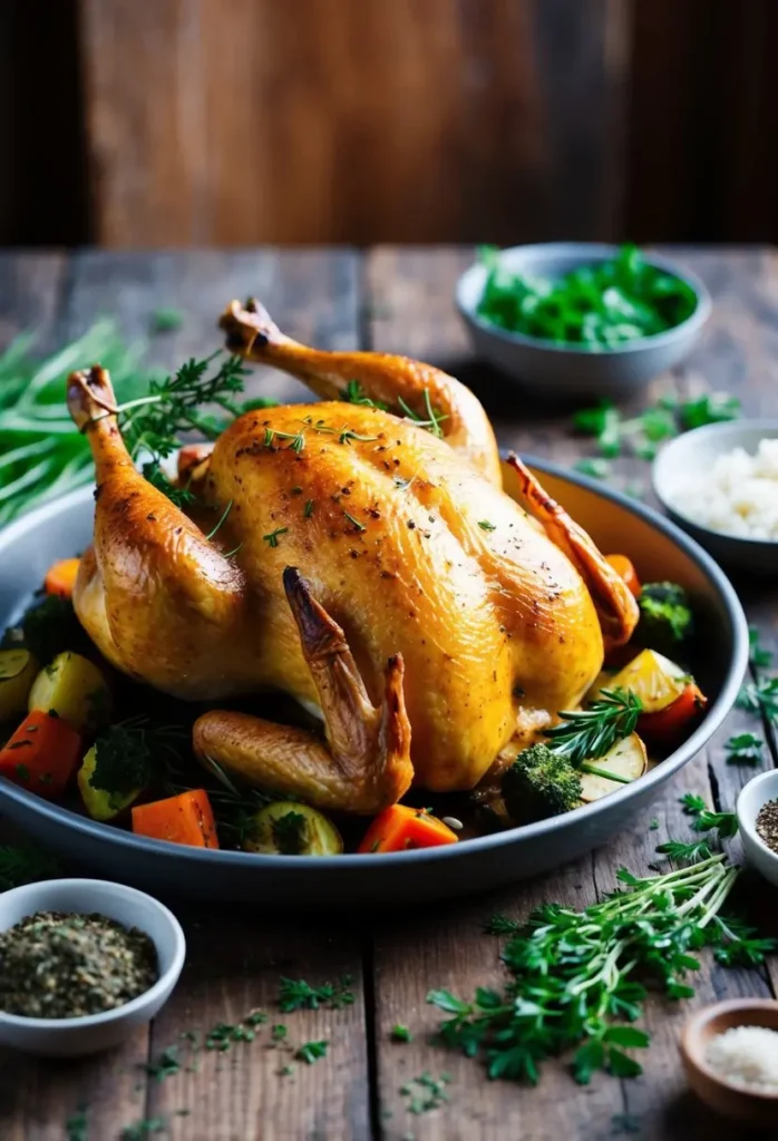 A golden roast chicken with herbs, surrounded by roasted vegetables and garnished with fresh herbs on a rustic wooden table