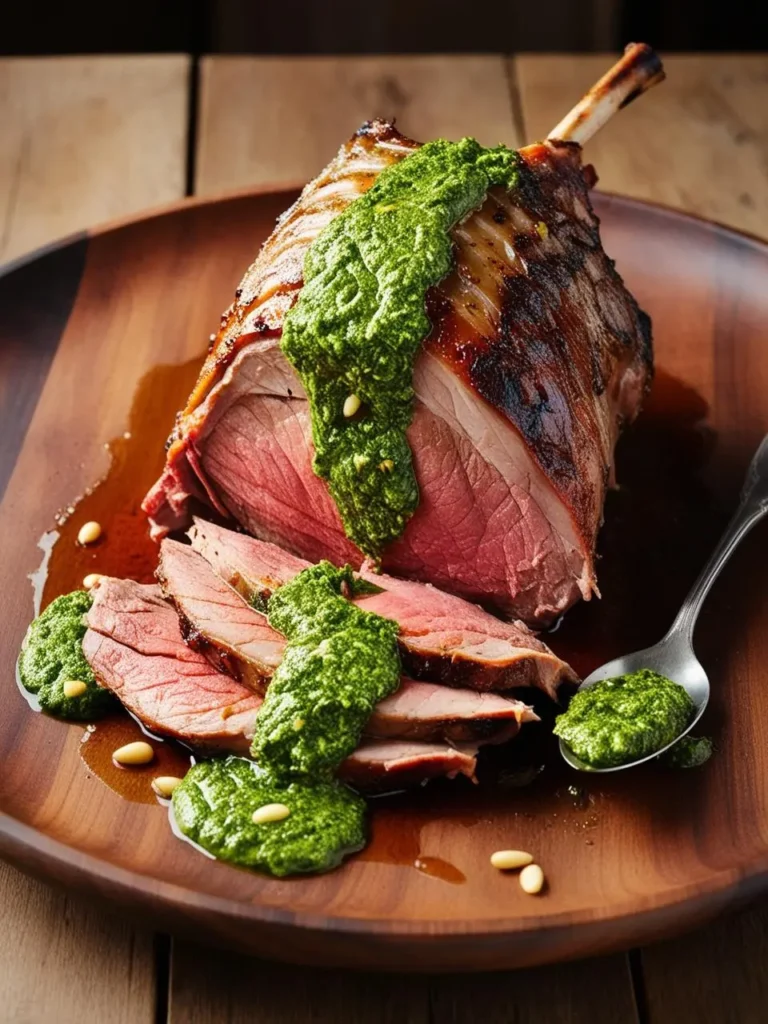 A perfectly cooked leg of lamb, sliced and drizzled with a vibrant green pesto sauce. The lamb is resting on a wooden platter, surrounded by pine nuts.