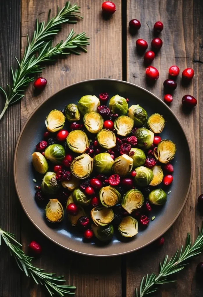 A rustic wooden table set with a platter of roasted Brussels sprouts and cranberries, surrounded by scattered fresh cranberries and sprigs of rosemary