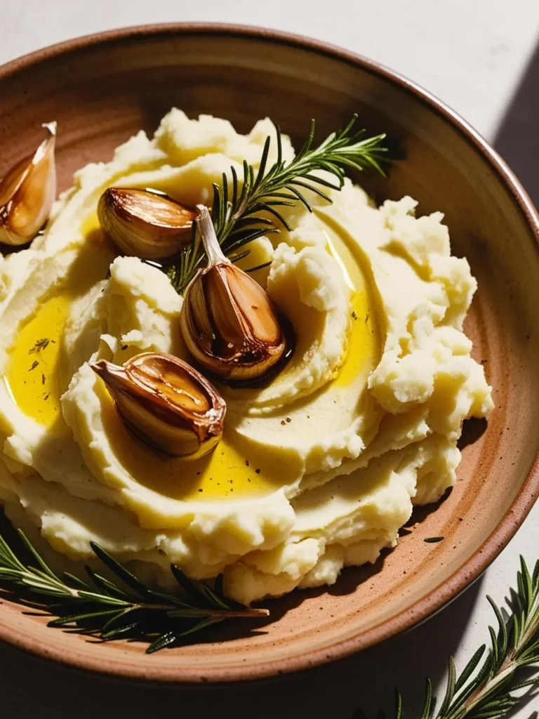 A rustic wooden table with a bowl of creamy mashed potatoes topped with roasted garlic and fresh rosemary