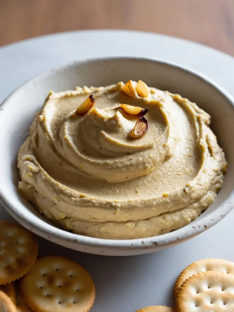 A bowl of creamy hummus with a swirl pattern, topped with roasted garlic cloves. The hummus is served with a side of crackers.