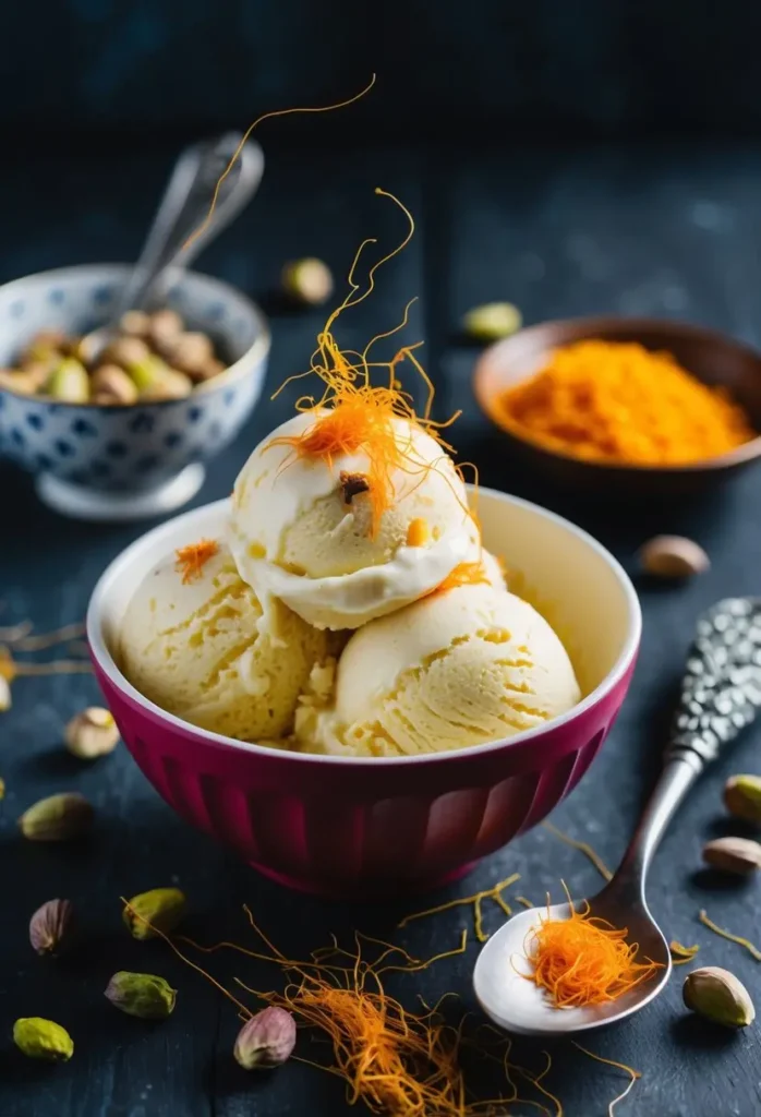 A vibrant bowl of saffron ice cream surrounded by fresh pistachios and delicate strands of saffron, with a decorative spoon resting on the side