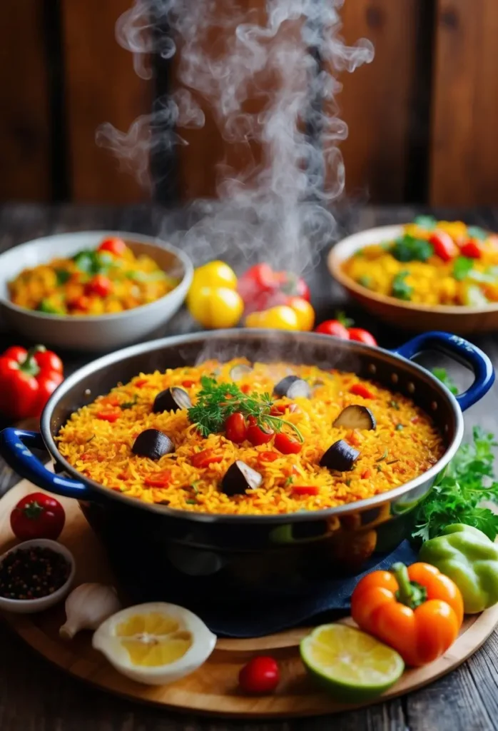 A steaming pot of saffron paella surrounded by vibrant ingredients