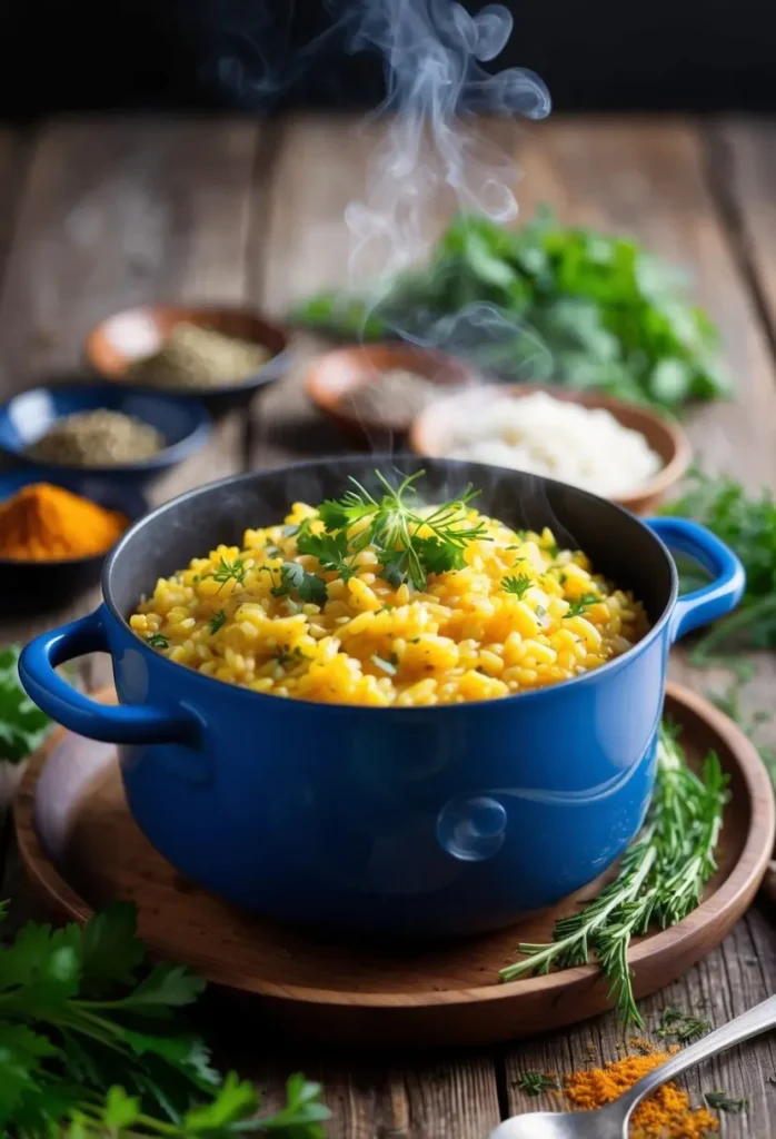 A steaming pot of saffron risotto surrounded by fresh herbs and spices on a rustic wooden table