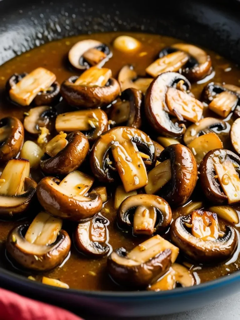 A skillet filled with sautéed mushrooms in a rich, brown sauce. The mushrooms look juicy and flavorful, perfect for a side dish or topping for pasta.