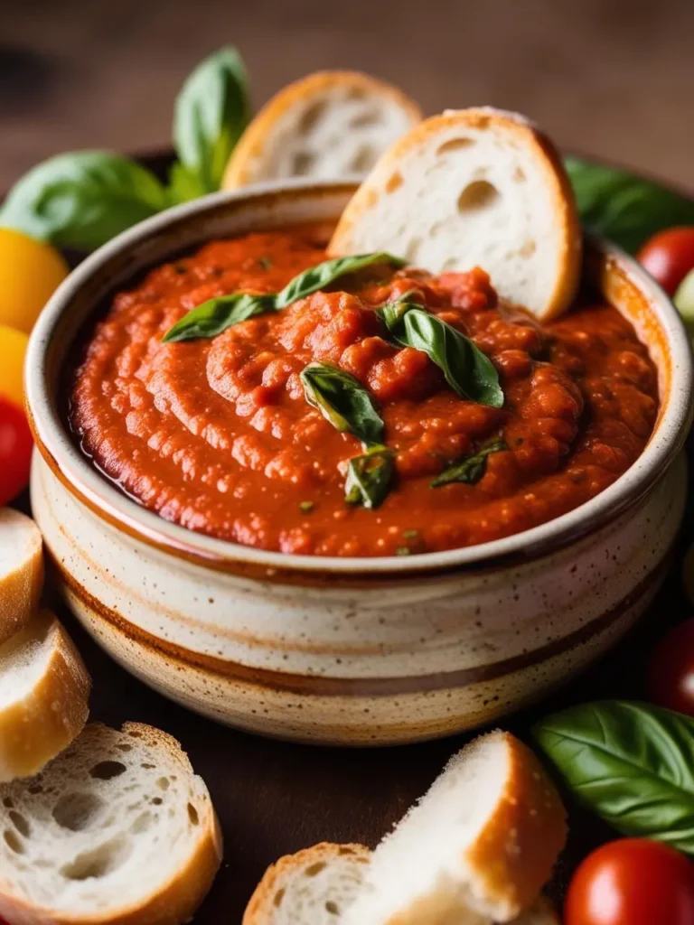 A bubbling pot of tomato basil fondue surrounded by assorted dippables on a rustic wooden table