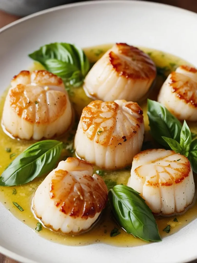 Pan-seared scallops with a lemon-herb sauce and fresh basil.