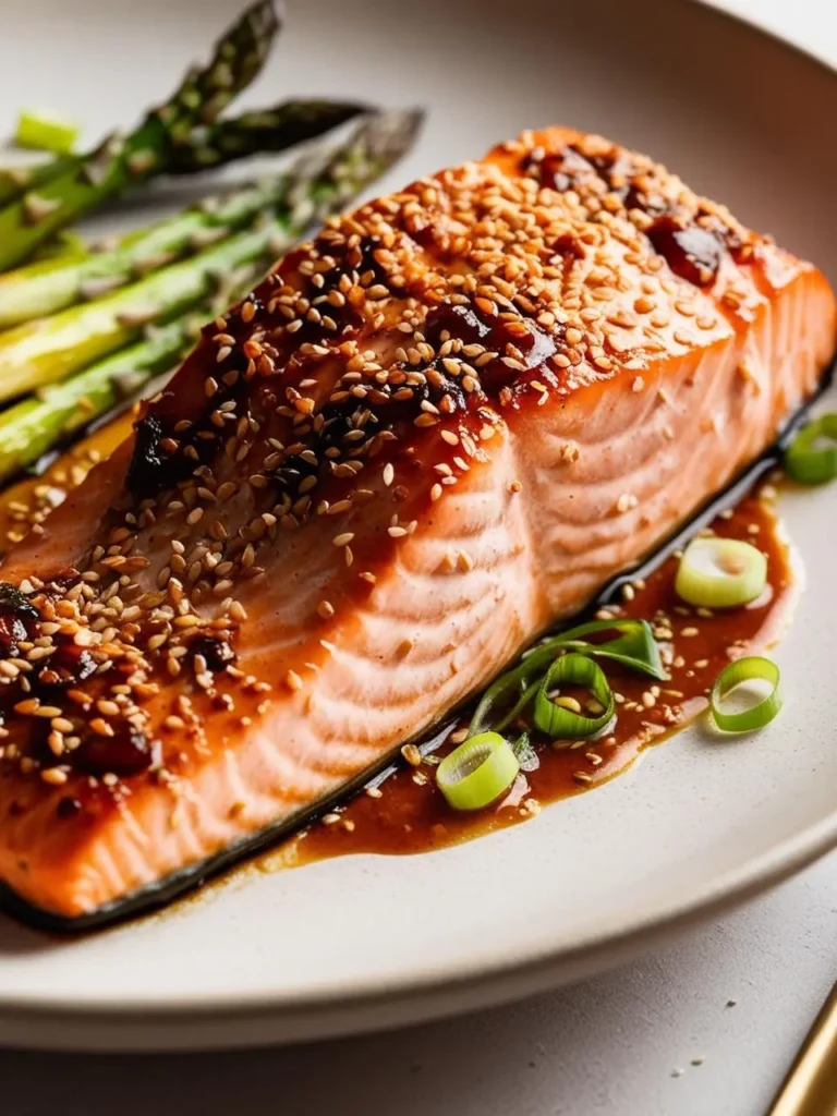 A golden-brown salmon fillet is glazed with a sweet and savory sauce and sprinkled with sesame seeds. The salmon is served on a white plate with a side of steamed asparagus and green onions.