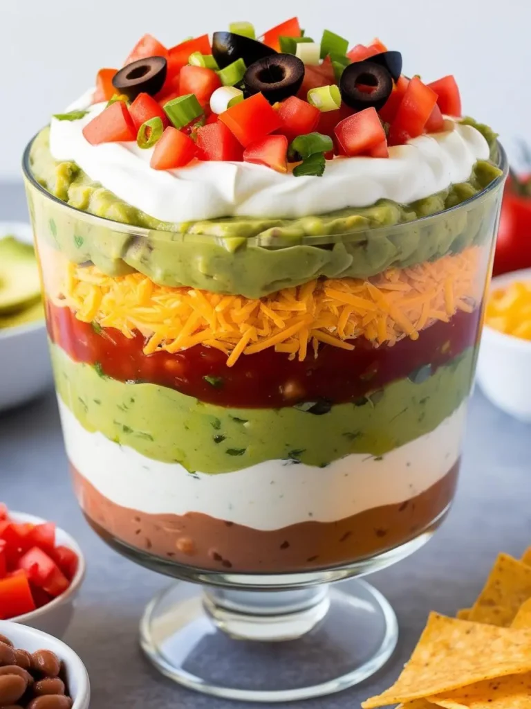 A festive seven-layer dip in a glass bowl, with layers of refried beans, sour cream, guacamole, cheese, tomatoes, and olives. Tortilla chips and bowls of ingredients surround it.