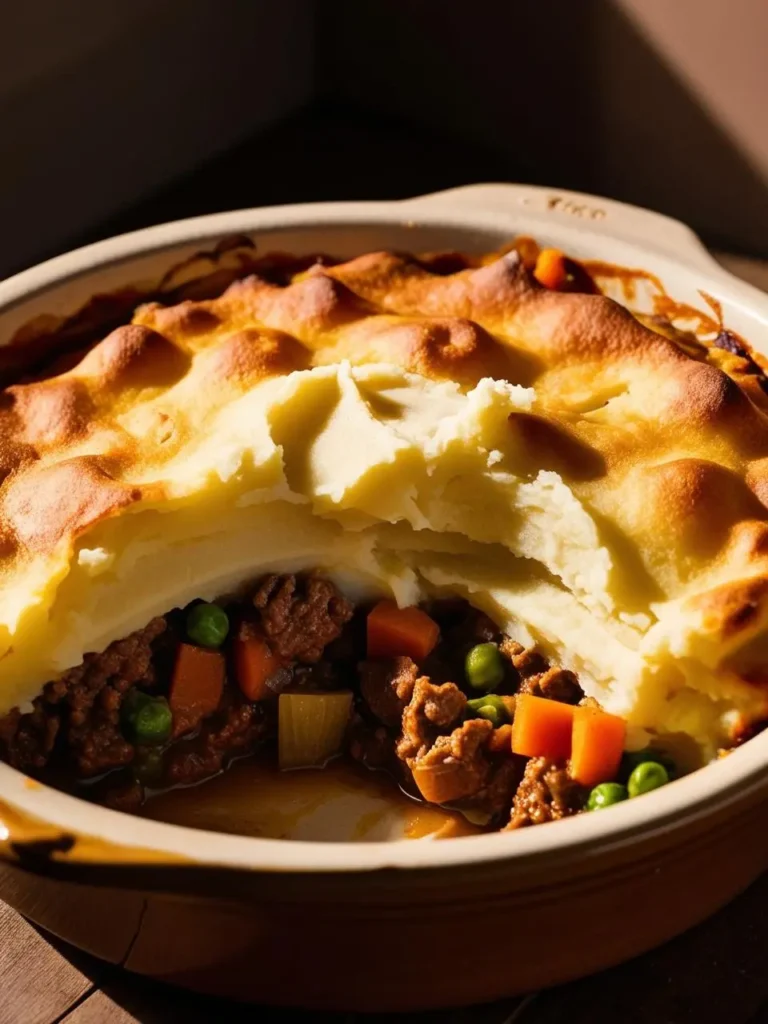 A golden-brown shepherd's pie with a flaky mashed potato crust, filled with a hearty mixture of ground beef, vegetables, and gravy. The pie is sliced open, revealing the delicious filling.