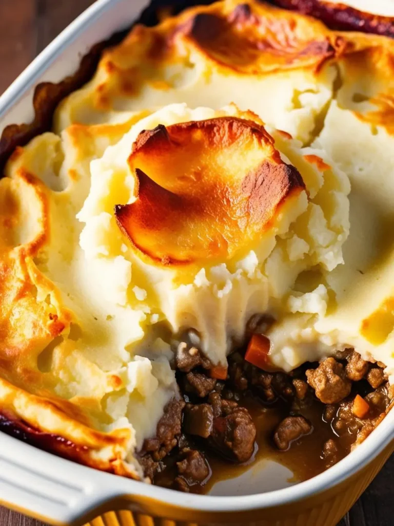 A golden brown Shepherd's pie with a flaky crust, filled with a creamy sauce and chunks of chicken, carrots, peas, and onions.