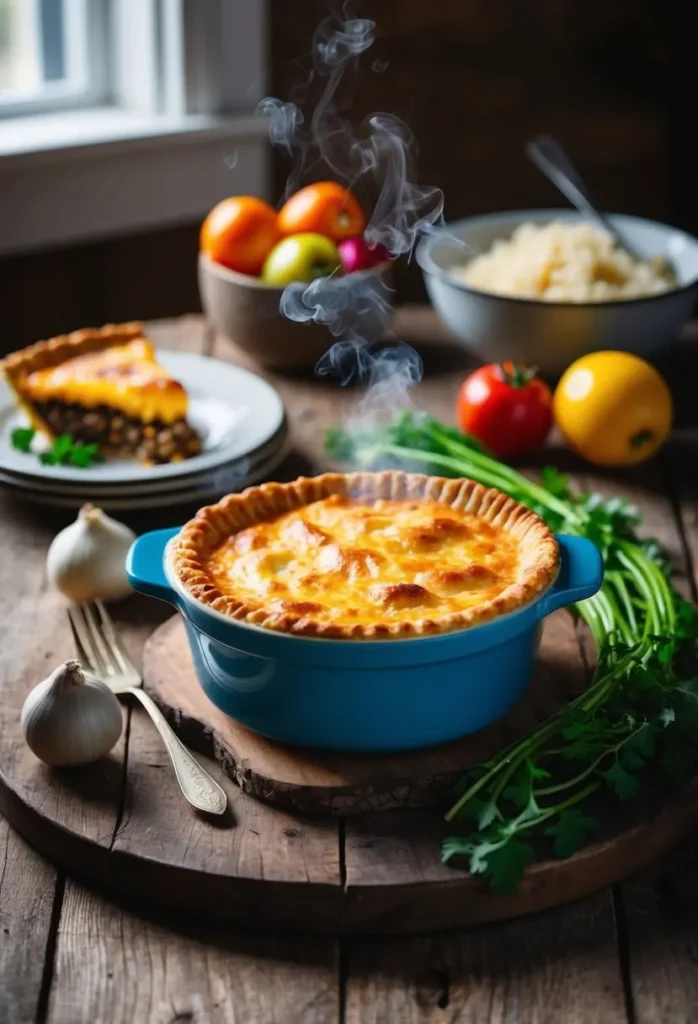 A steaming shepherd's pie sits on a rustic wooden table surrounded by Sunday dinner ingredients