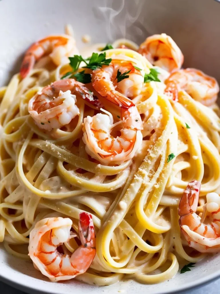 A steaming bowl of fettuccine pasta tossed in a creamy Alfredo sauce and topped with juicy shrimp. The dish looks rich, decadent, and perfect for a special occasion.