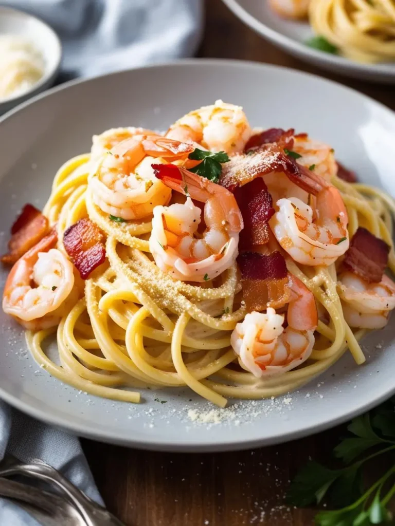 A plate of shrimp and bacon carbonara, surrounded by fresh ingredients