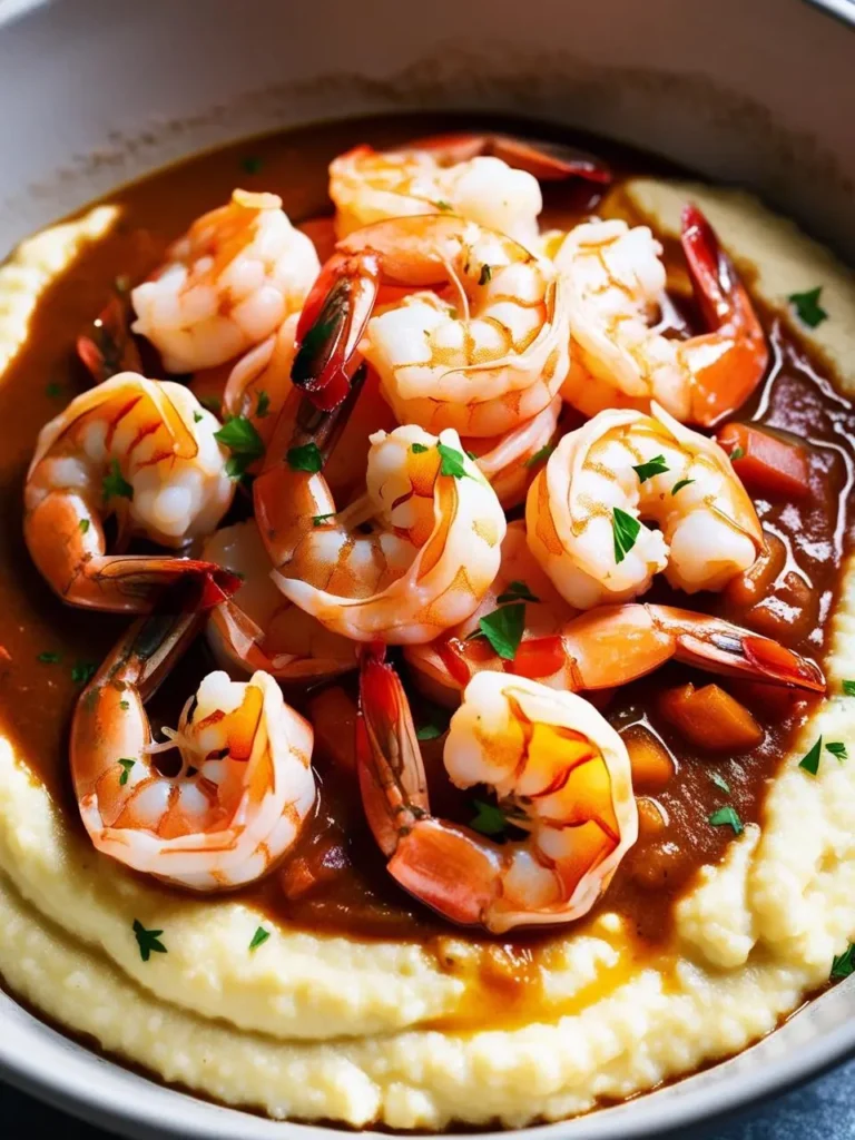 A bowl of creamy shrimp and grits, topped with juicy shrimp and a savory gravy. The dish looks comforting and perfect for a cold day.