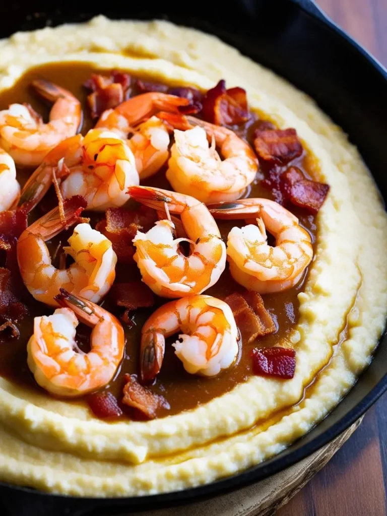 A close-up photo of a skillet filled with creamy shrimp and grits. The grits are topped with plump shrimp and crispy bacon bits, and the whole dish looks incredibly delicious and satisfying.