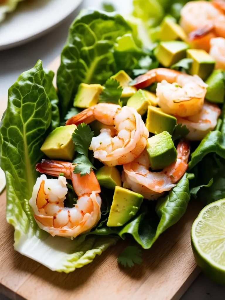 Lettuce wraps filled with shrimp, avocado, and cilantro. The wraps look fresh, healthy, and flavorful.