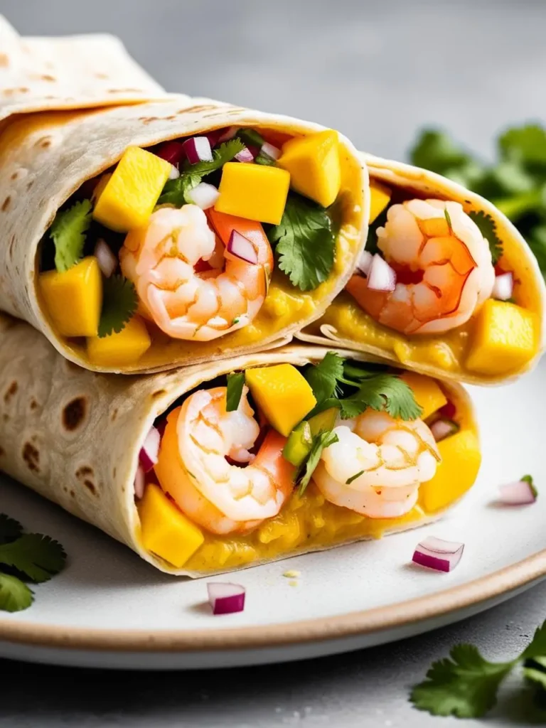 A colorful shrimp burrito topped with vibrant mango salsa, surrounded by fresh ingredients and spices