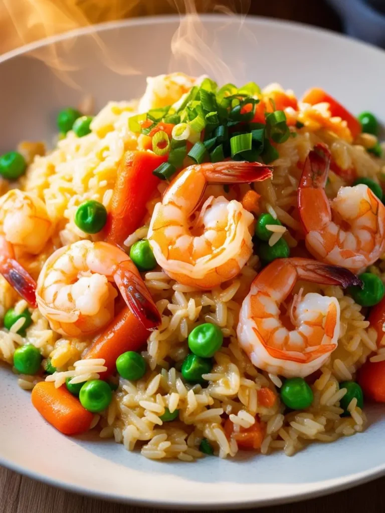 A plate of steaming hot shrimp fried rice, garnished with green onions. The rice is mixed with colorful vegetables like carrots and peas, and topped with juicy shrimp.