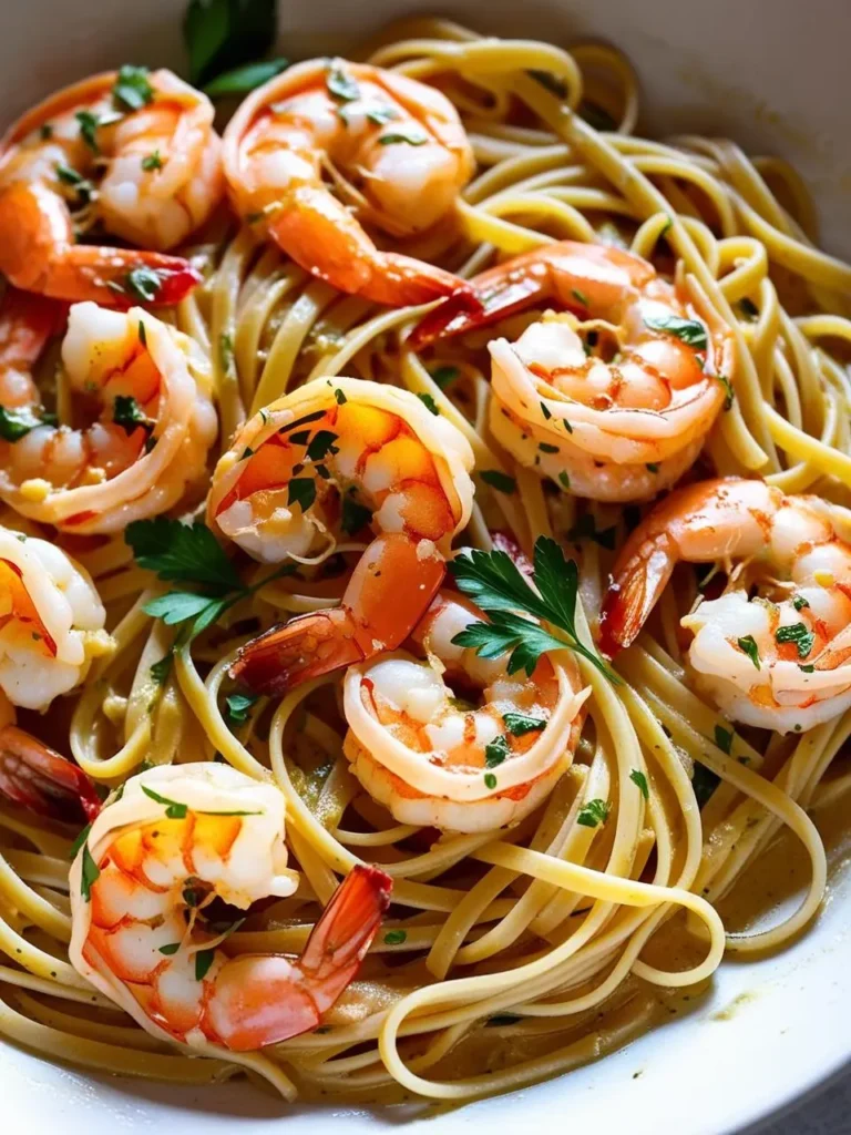 A plate of linguine pasta tossed with juicy shrimp and a creamy lemon-garlic sauce. The dish looks flavorful and perfect for a quick and easy weeknight meal.