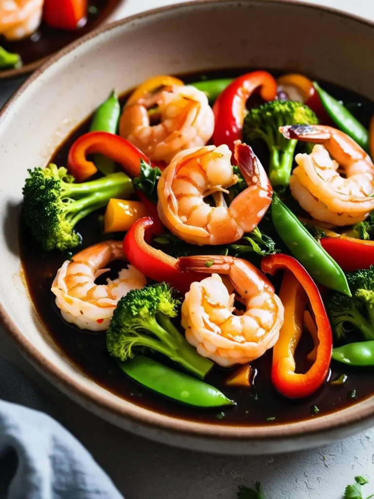 A bowl of colorful shrimp stir-fry with broccoli, bell peppers, and snow peas, all tossed in a savory sauce. The dish looks flavorful and perfect for a quick and healthy meal.