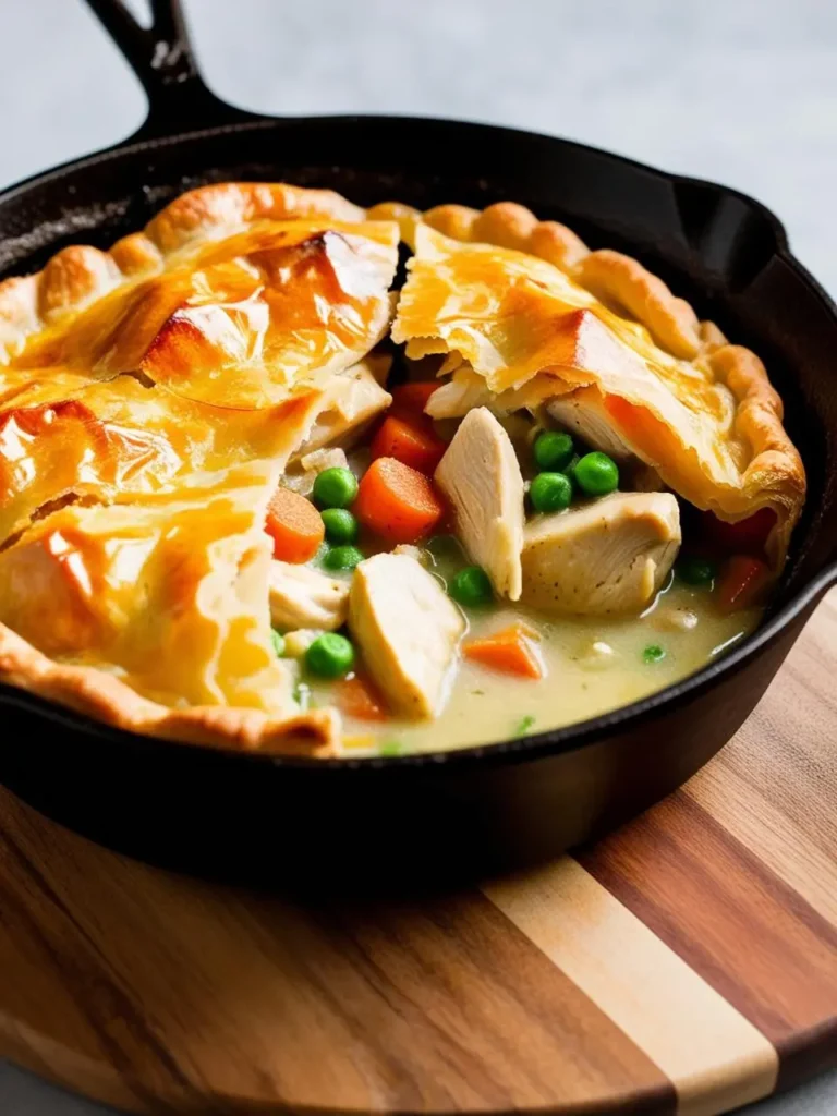 A golden-brown chicken pot pie with a flaky crust, filled with a creamy chicken, vegetable, and herb filling. The pie is sliced open, revealing the delicious interior.