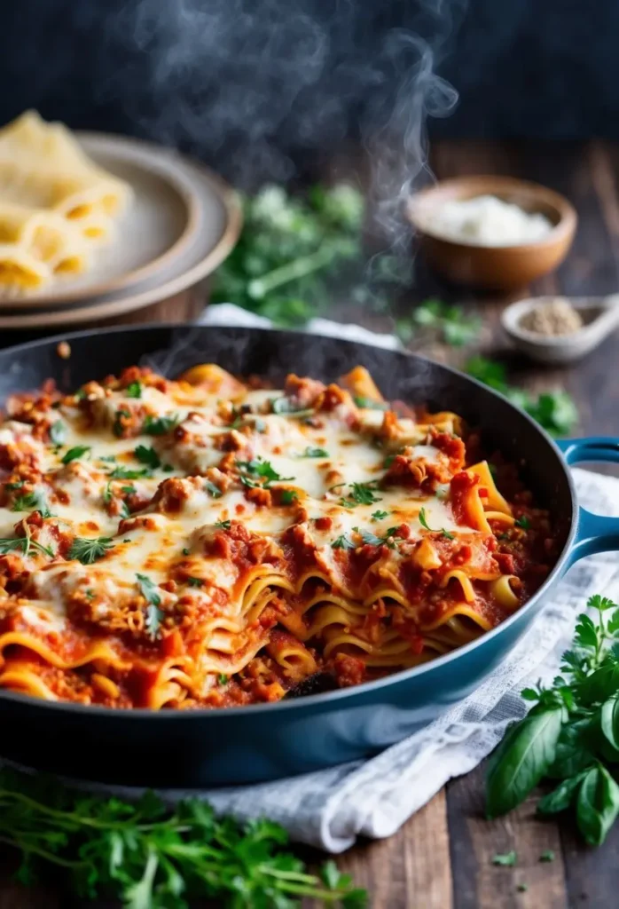 A steaming skillet of bubbling lasagna, layers of pasta, rich tomato sauce, and melted cheese, surrounded by fresh herbs and spices