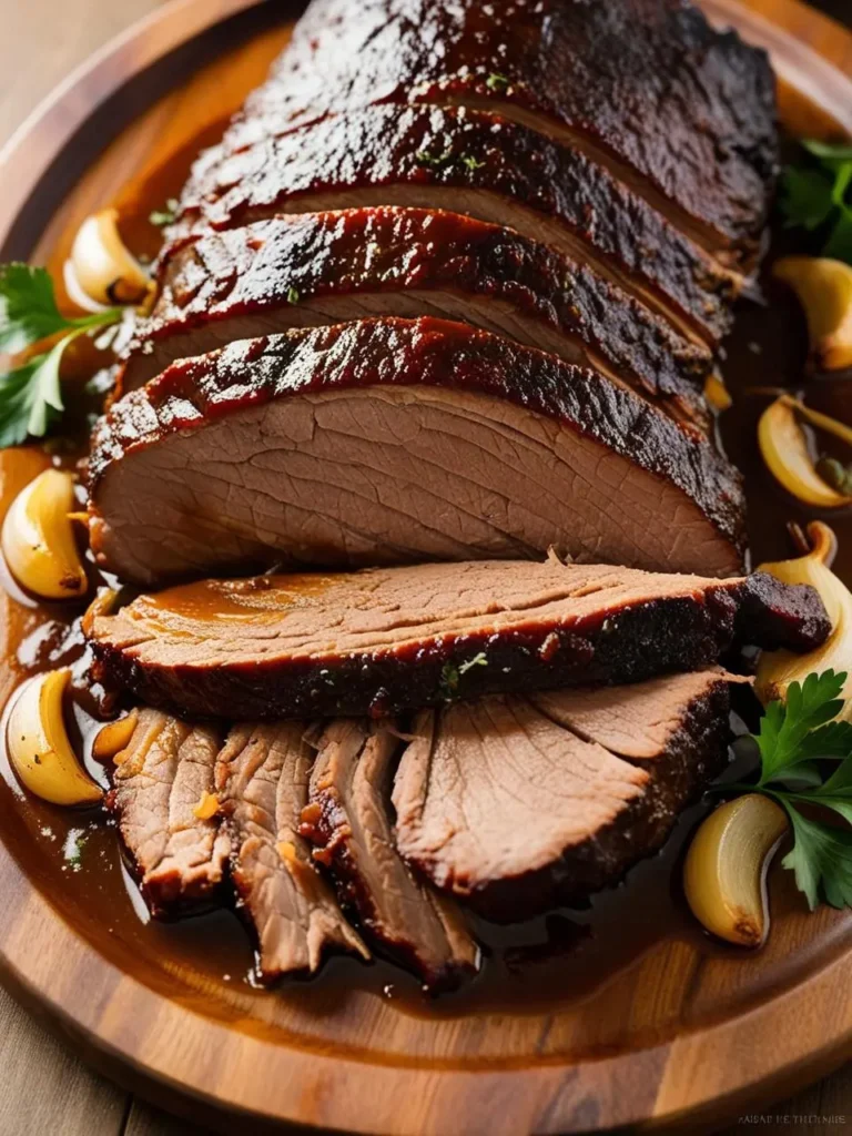 A close-up of a sliced pot roast on a wooden board, with garlic cloves and parsley scattered around.