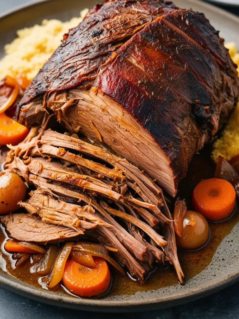 A plate of slow-cooked pot roast served with carrots and onions. The meat is tender and juicy, and the sauce is rich and flavorful.