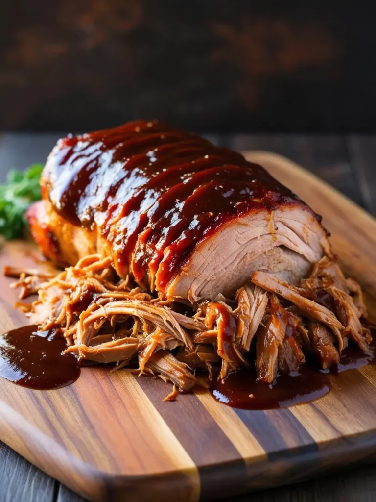 A close-up of a pulled pork shoulder on a wooden cutting board, glazed with a thick, dark barbecue sauce. The meat is tender and shredded, with some chunks still intact.