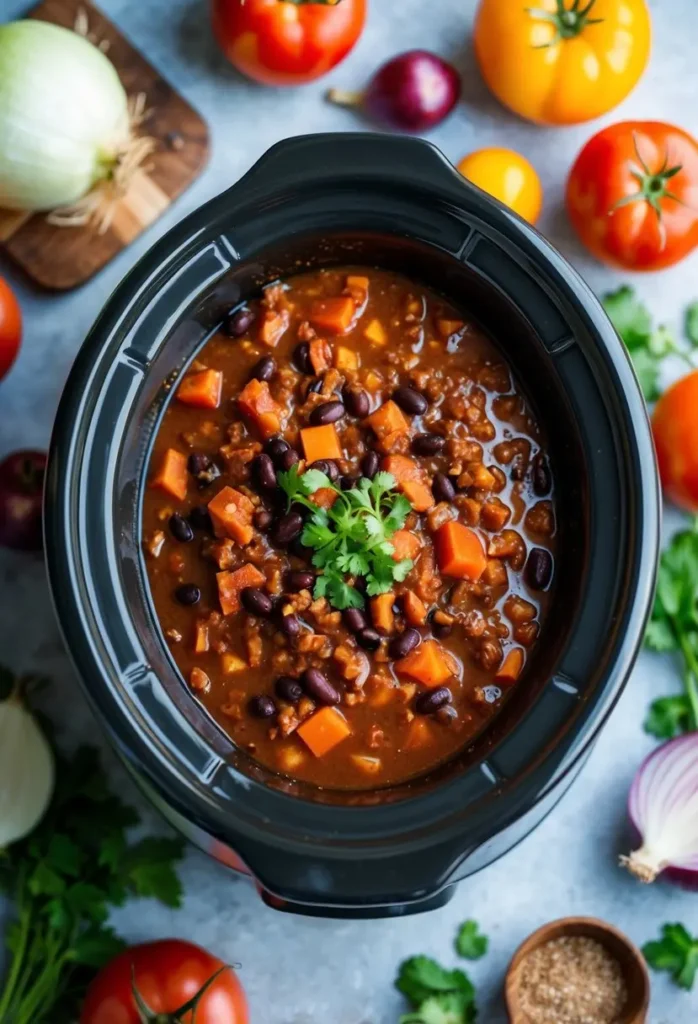 A bubbling slow cooker filled with rich and hearty black bean chili, surrounded by colorful ingredients like tomatoes, onions, and spices