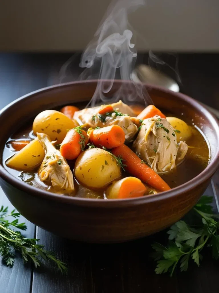 Steaming bowl of slow-cooked chicken stew with tender whole baby carrots, golden potatoes, and shredded chicken, garnished with fresh herbs. A comforting dish perfect for chilly evenings and hearty meals