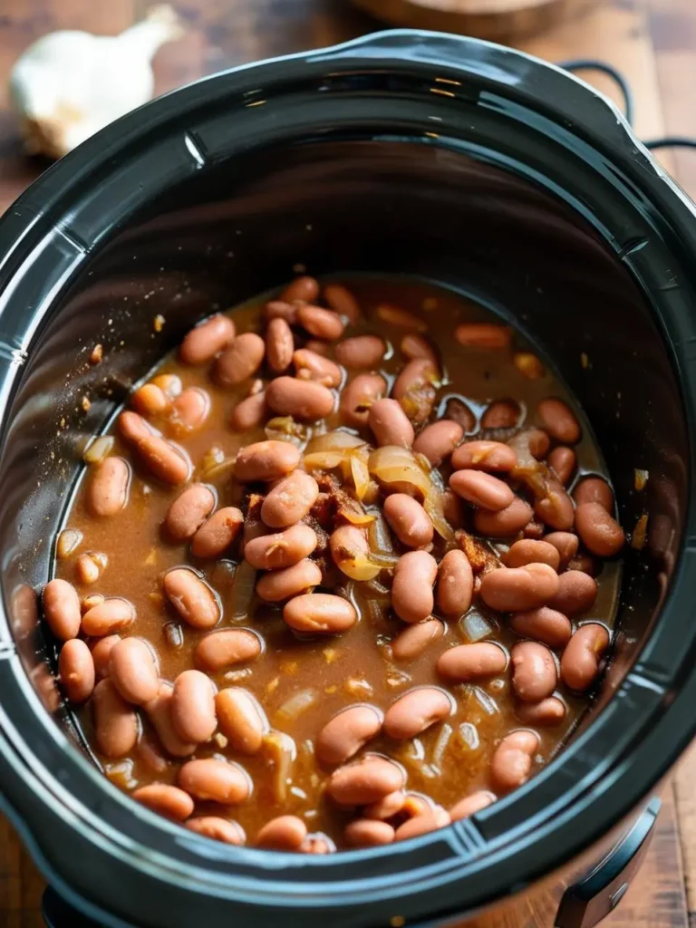 A slow cooker filled with simmering pinto beans 