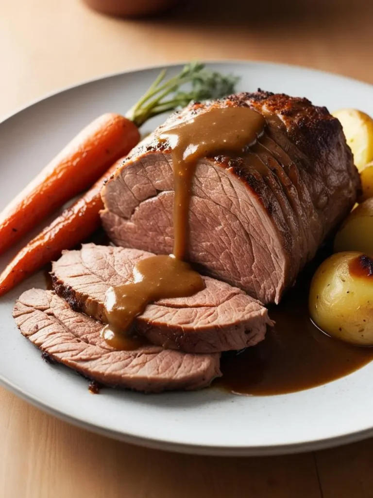 A perfectly roasted sirloin tip roast, sliced and served with roasted carrots and potatoes. The roast is drizzled with a rich, brown gravy and looks incredibly appetizing.