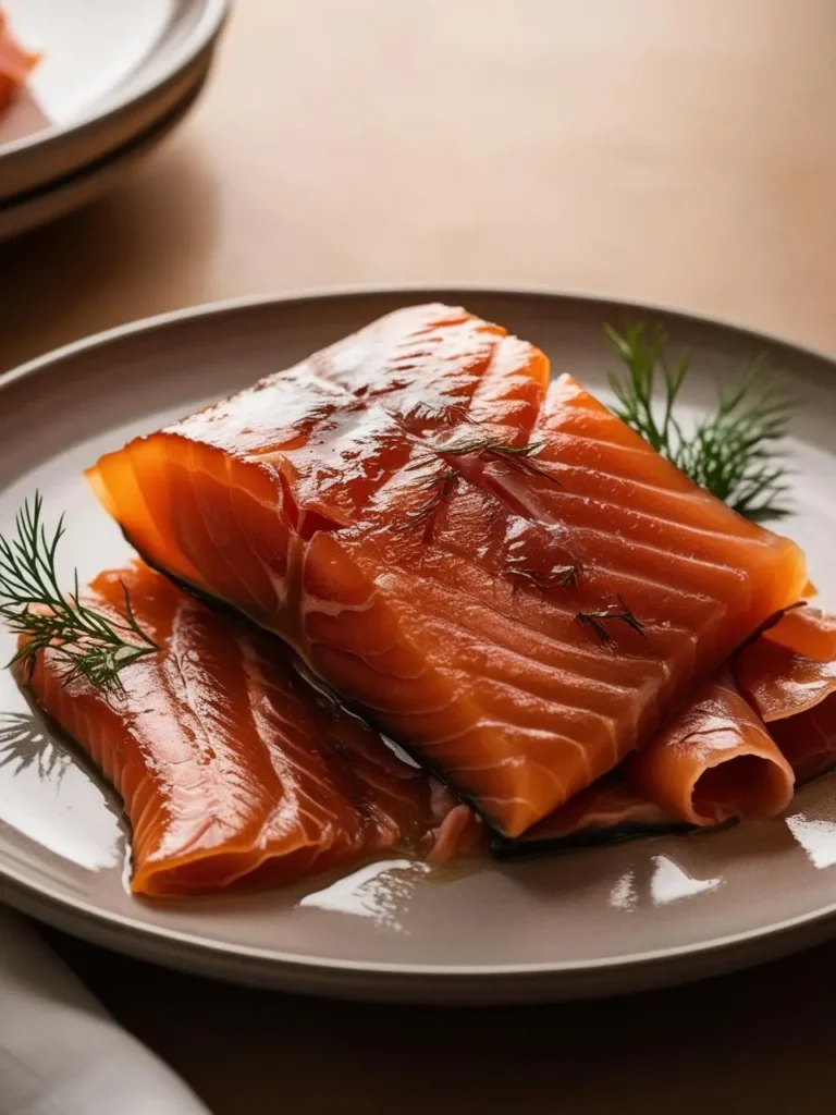 A plate of beautifully sliced smoked salmon with a glossy, rich orange color, garnished with fresh dill sprigs. The salmon pieces are arranged neatly, showcasing their smooth texture and delicate layers. The dish has a fresh, elegant presentation, making it perfect for an appetizer or light meal. The soft lighting adds warmth, highlighting the salmon's natural shine.