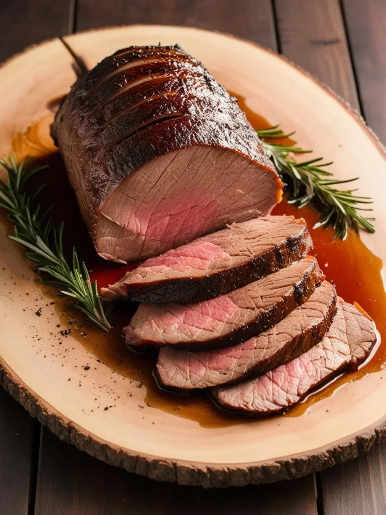 A perfectly roasted beef tenderloin, sliced and served on a wooden platter. The meat is juicy and tender, with a crispy outer layer. The dish is garnished with fresh rosemary sprigs and looks incredibly appetizing.