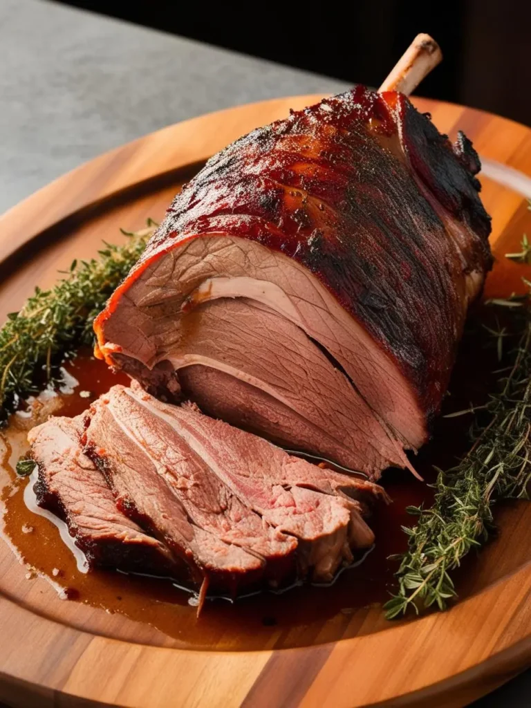 A perfectly roasted leg of lamb, sliced and served on a wooden platter. The lamb is juicy and tender, with a crispy outer layer. Fresh sprigs of thyme add a touch of color and freshness.