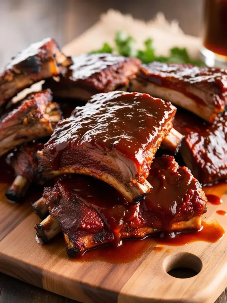 A chopping board sizzling with juicy short ribs, surrounded by a cloud of smoky BBQ aroma