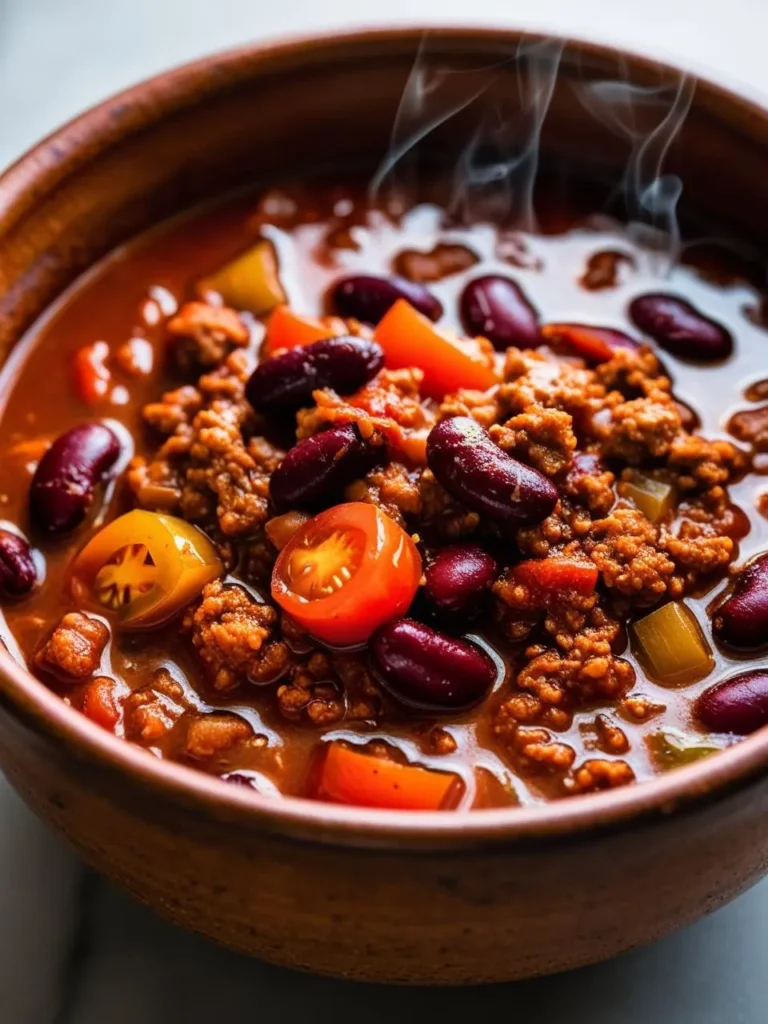 A steaming bowl of hearty chili with ground beef, kidney beans, tomatoes, and peppers. The chili looks flavorful and perfect for a cold day.