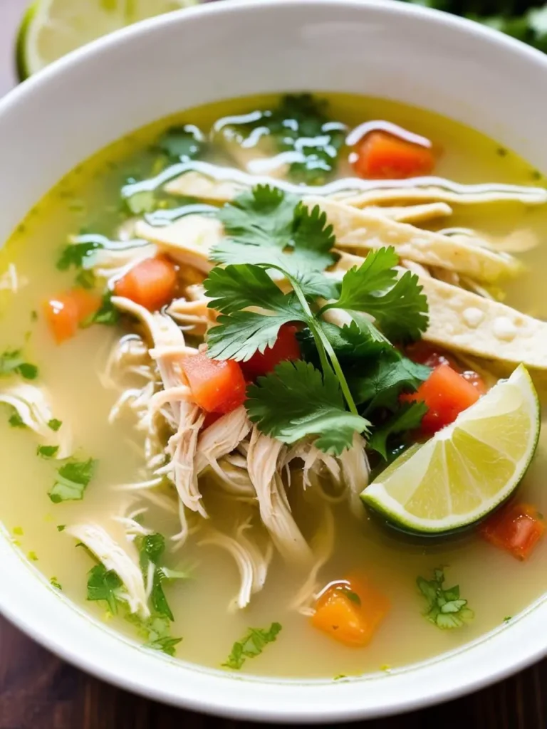 A bowl of chicken tortilla soup topped with fresh cilantro, tortilla strips, and a lime wedge. The soup looks flavorful and comforting, perfect for a cold day.