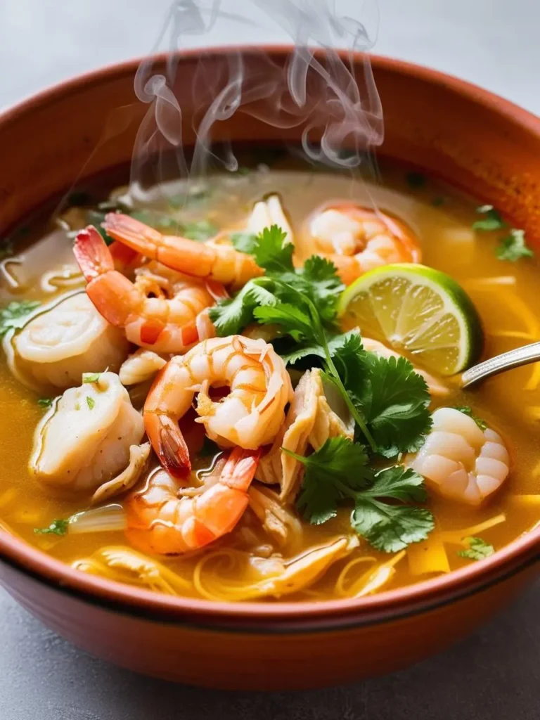 Close-up of a steaming bowl of seafood soup featuring plump shrimp, scallops, and shredded fish in a clear, flavorful broth. Garnished with fresh cilantro and a slice of lime, this vibrant dish is light yet hearty, perfect for a refreshing and aromatic meal.