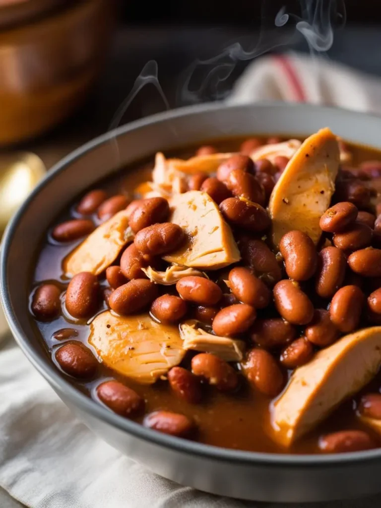 A pot of simmering pinto beans with chunks of smoked turkey