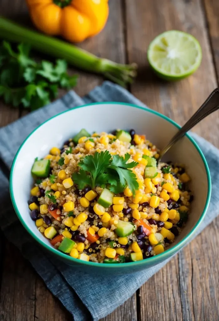 A colorful bowl of Southwestern Corn and Quinoa Salad, with vibrant vegetables and grains, sits on a rustic wooden table