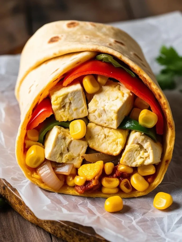 A vibrant breakfast burrito filled with tofu scramble, sweet corn, sautéed onions, bell peppers, and fresh spinach, wrapped in a golden tortilla. The colorful ingredients peek out, showcasing a nutritious, plant-based option. Placed on parchment paper with a rustic background, it’s perfect for a wholesome and flavorful start to the day.