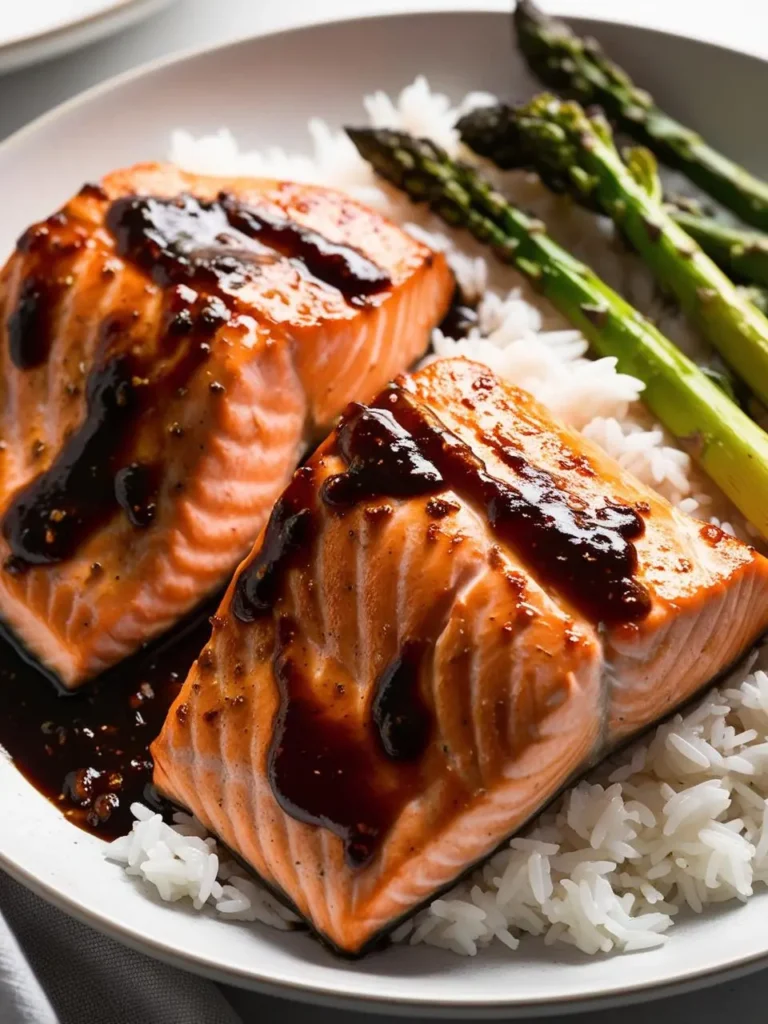 Two golden-brown salmon fillets, glazed with a sweet and savory sauce, are served over a bed of white rice. A side of steamed asparagus completes the dish, making it a healthy and delicious meal.