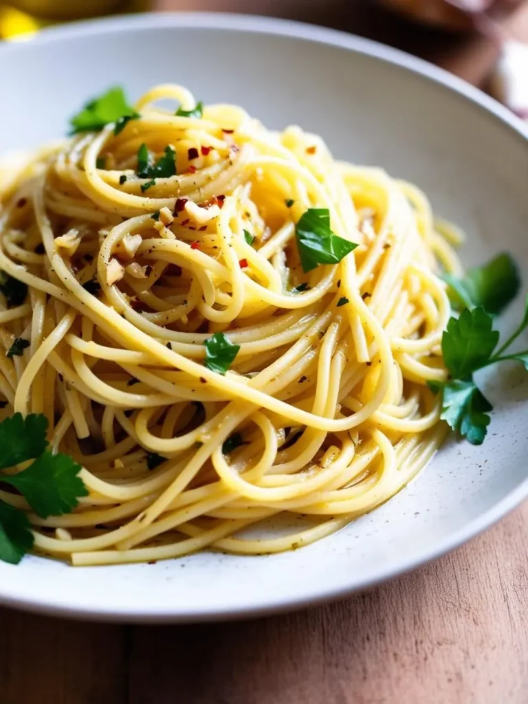 A plate of spaghetti tossed with garlic, olive oil, and red pepper flakes. The pasta is golden brown and looks delicious and flavorful.