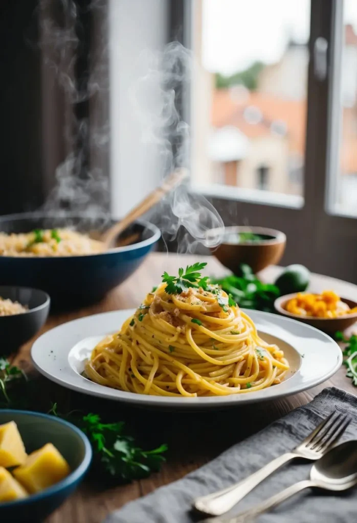 A steaming plate of spaghetti carbonara surrounded by fresh ingredients and a cozy dining table