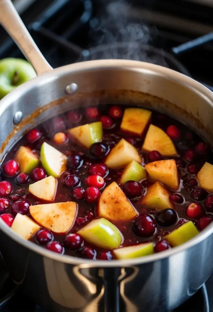 A pot simmering on a stove, filled with spiced apple cranberry chutney. Whole cranberries and chunks of apple are visible in the thick, fragrant mixture