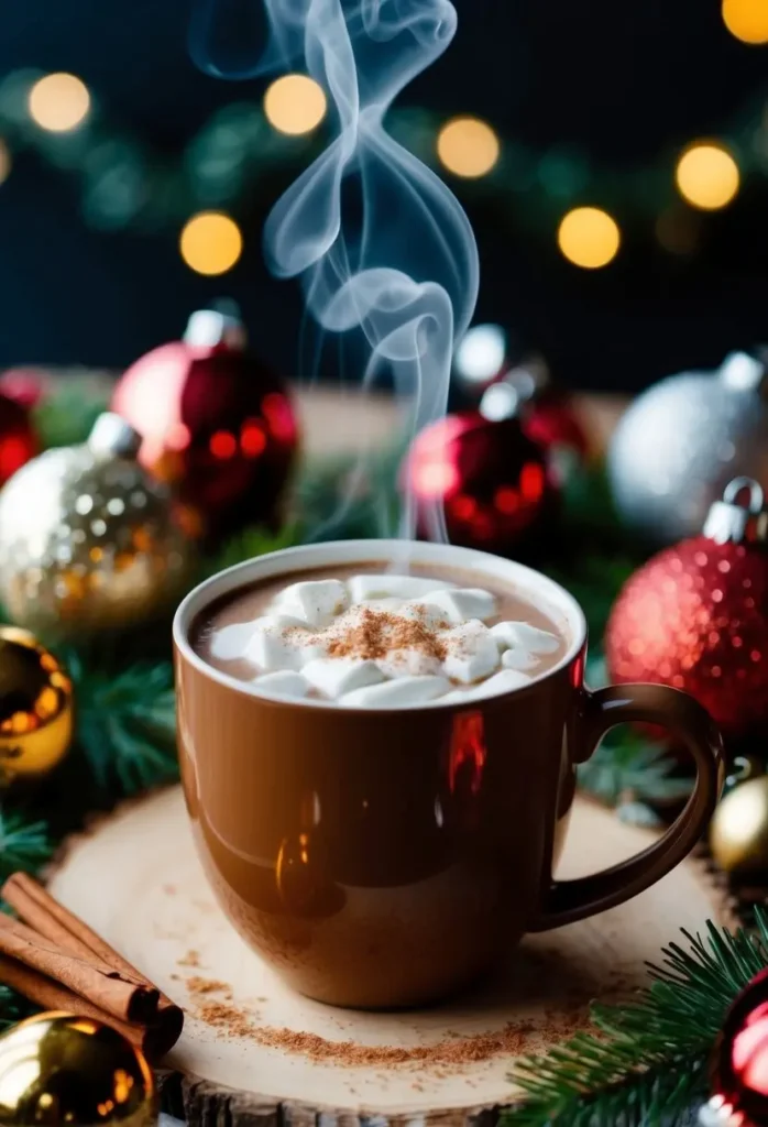 A steaming mug of spiced hot cocoa mix surrounded by festive holiday decorations and a sprinkle of cinnamon on top