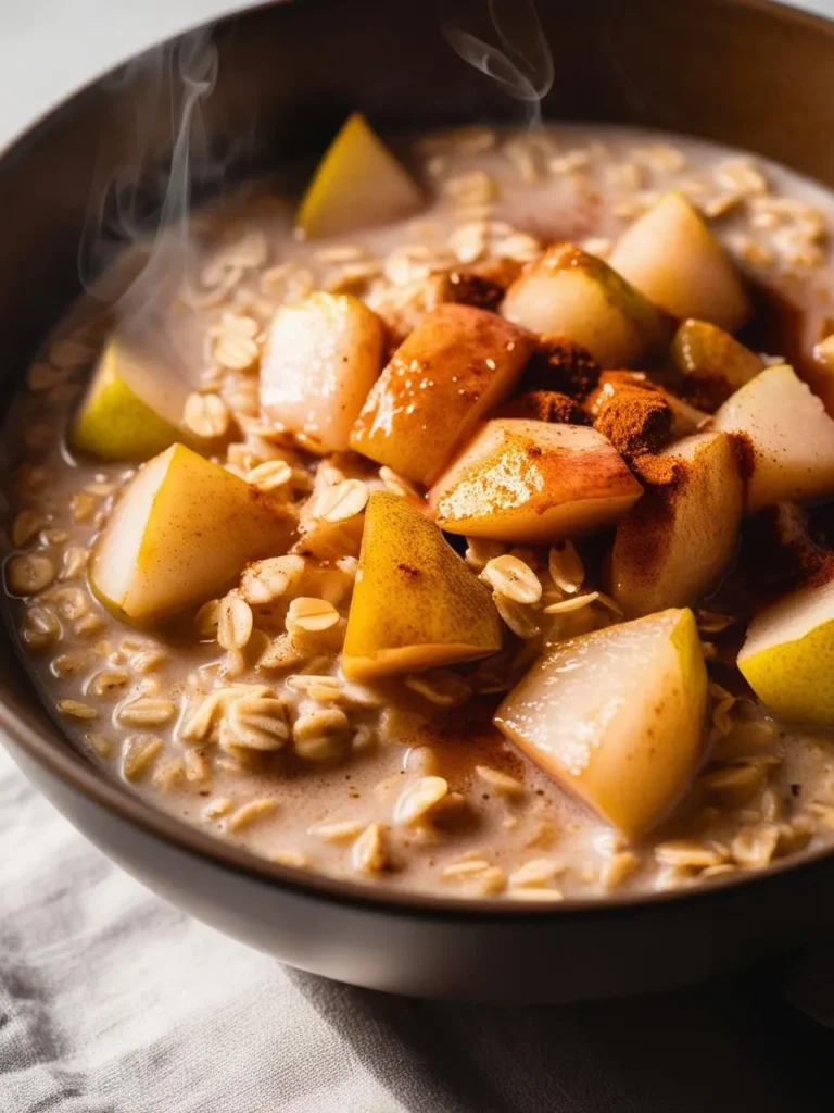 A steaming bowl of spiced pear oatmeal with cinnamon on the top